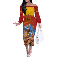 Custom Spain Football Off The Shoulder Long Sleeve Dress 2023 World Cup Champions Proud Of Our Girls - Wonder Print Shop