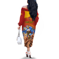 Custom Spain Football Off The Shoulder Long Sleeve Dress 2023 World Cup Champions Proud Of Our Girls - Wonder Print Shop