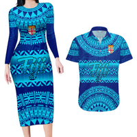 Personalised Fiji Couples Matching Long Sleeve Bodycon Dress and Hawaiian Shirt Unique Fijian Tapa Pattern With Coat Of Arms - Wonder Print Shop