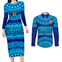 Personalised Fiji Couples Matching Long Sleeve Bodycon Dress and Long Sleeve Button Shirts Unique Fijian Tapa Pattern With Coat Of Arms - Wonder Print Shop