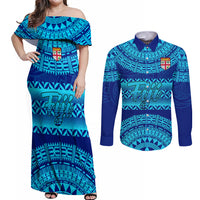 Personalised Fiji Couples Matching Off Shoulder Maxi Dress and Long Sleeve Button Shirts Unique Fijian Tapa Pattern With Coat Of Arms - Wonder Print Shop