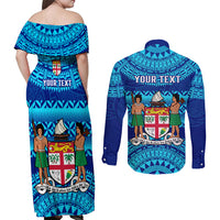 Personalised Fiji Couples Matching Off Shoulder Maxi Dress and Long Sleeve Button Shirts Unique Fijian Tapa Pattern With Coat Of Arms - Wonder Print Shop
