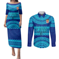 Personalised Fiji Couples Matching Puletasi Dress and Long Sleeve Button Shirts Unique Fijian Tapa Pattern With Coat Of Arms - Wonder Print Shop