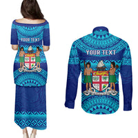 Personalised Fiji Couples Matching Puletasi Dress and Long Sleeve Button Shirts Unique Fijian Tapa Pattern With Coat Of Arms - Wonder Print Shop