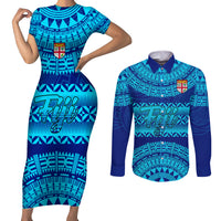 Personalised Fiji Couples Matching Short Sleeve Bodycon Dress and Long Sleeve Button Shirts Unique Fijian Tapa Pattern With Coat Of Arms - Wonder Print Shop