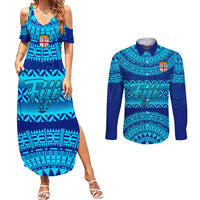Personalised Fiji Couples Matching Summer Maxi Dress and Long Sleeve Button Shirts Unique Fijian Tapa Pattern With Coat Of Arms - Wonder Print Shop