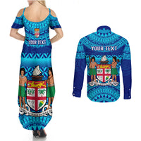 Personalised Fiji Couples Matching Summer Maxi Dress and Long Sleeve Button Shirts Unique Fijian Tapa Pattern With Coat Of Arms - Wonder Print Shop