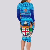 Personalised Fiji Long Sleeve Bodycon Dress Unique Fijian Tapa Pattern With Coat Of Arms - Wonder Print Shop