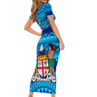 Personalised Fiji Short Sleeve Bodycon Dress Unique Fijian Tapa Pattern With Coat Of Arms - Wonder Print Shop