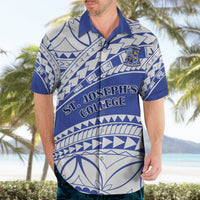 Blue and white Hawaiian shirt front with St Joseph's College crest and buttons