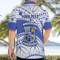 Blue and white Hawaiian shirt back with YOUR TEXT and crest