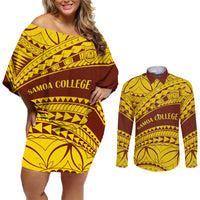 Personalised Samoa College Couples Matching Off Shoulder Short Dress and Long Sleeve Button Shirt Samoan Pattern - Wonder Print Shop