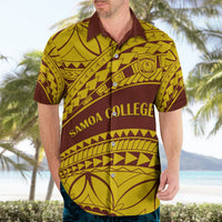 Gold and dark brown Hawaiian shirt with Samoan pattern and 'SAMOA COLLEGE' text, short sleeves