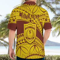 Gold and dark brown Hawaiian shirt back with 'YOUR TEXT' and crest emblem, short sleeves