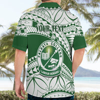 Green Hawaiian shirt back on model with "YOUR TEXT" and circular Faleata College badge