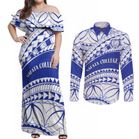 Personalised Samoa Safata College Couples Matching Off Shoulder Maxi Dress and Long Sleeve Button Shirt Samoan Pattern - Wonder Print Shop