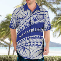 Blue and white Hawaiian shirt with SAFATA COLLEGE lettering and buttoned collar