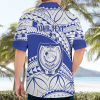 Blue and white Hawaiian shirt back with YOUR TEXT and Safata College crest