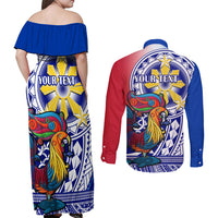 Personalised Philippines Couples Matching Off Shoulder Maxi Dress and Long Sleeve Button Shirt Filipino Sarimanok With Polynesian Tattoo - Wonder Print Shop
