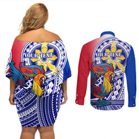 Personalised Philippines Couples Matching Off Shoulder Short Dress and Long Sleeve Button Shirt Filipino Sarimanok With Polynesian Tattoo - Wonder Print Shop