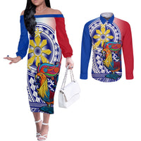 personalised-philippines-couples-matching-off-the-shoulder-long-sleeve-dress-and-long-sleeve-button-shirt-filipino-sarimanok-with-polynesian-tattoo