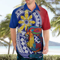 Mens Hawaiian shirt with red and blue panels, colorful bird artwork, and geometric border