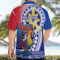Back view Hawaiian shirt with red-and-blue design and “YOUR TEXT” on star sun circle