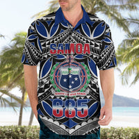 Blue Hawaiian shirt with Samoa crest, collar, and 685 graphic