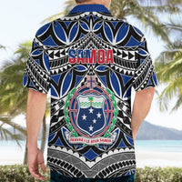 Blue and black Hawaiian shirt back view with Samoa crest