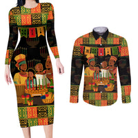 Happy Kwanzaa Couples Matching Long Sleeve Bodycon Dress and Long Sleeve Button Shirt African-American Culture Celebration - Wonder Print Shop