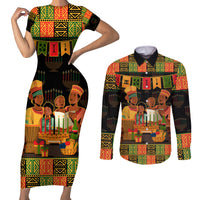 Happy Kwanzaa Couples Matching Short Sleeve Bodycon Dress and Long Sleeve Button Shirt African-American Culture Celebration - Wonder Print Shop