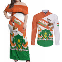 Niger Republic Day Couples Matching Off Shoulder Maxi Dress and Long Sleeve Button Shirt Coat Of Arms With Dama Gazelle - Wonder Print Shop