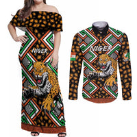 Personalized Niger Couples Matching Off Shoulder Maxi Dress and Long Sleeve Button Shirt Leopard Ankara African Pattern - Wonder Print Shop