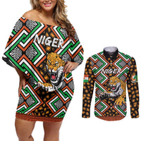 Personalized Niger Couples Matching Off Shoulder Short Dress and Long Sleeve Button Shirt Leopard Ankara African Pattern - Wonder Print Shop