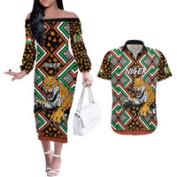 Personalized Niger Couples Matching Off The Shoulder Long Sleeve Dress and Hawaiian Shirt Leopard Ankara African Pattern - Wonder Print Shop