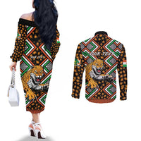 Personalized Niger Couples Matching Off The Shoulder Long Sleeve Dress and Long Sleeve Button Shirt Leopard Ankara African Pattern
