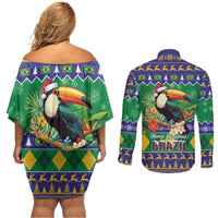 Brazil Christmas Couples Matching Off Shoulder Short Dress and Long Sleeve Button Shirt Toco Toucan Feliz Natal - Wonder Print Shop