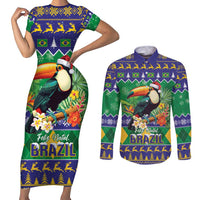 Brazil Christmas Couples Matching Short Sleeve Bodycon Dress and Long Sleeve Button Shirt Toco Toucan Feliz Natal - Wonder Print Shop
