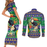 Brazil Christmas Couples Matching Short Sleeve Bodycon Dress and Long Sleeve Button Shirt Toco Toucan Feliz Natal - Wonder Print Shop