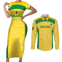 Custom Brazil Football Couples Matching Short Sleeve Bodycon Dress and Long Sleeve Button Shirt Vamos Selecao - Yellow - Wonder Print Shop