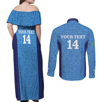 Custom Brazil Football Couples Matching Off Shoulder Maxi Dress and Long Sleeve Button Shirt Vamos Selecao - Blue - Wonder Print Shop