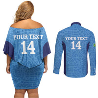 Custom Brazil Football Couples Matching Off Shoulder Short Dress and Long Sleeve Button Shirt Vamos Selecao - Blue - Wonder Print Shop