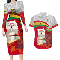 Ghana Independence Day Couples Matching Long Sleeve Bodycon Dress and Hawaiian Shirt Gana Map Happy 67 Years Anniversary - Wonder Print Shop