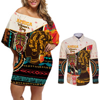 Africa International Women Day Couples Matching Off Shoulder Short Dress and Long Sleeve Button Shirt African Pattern - Wonder Print Shop