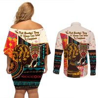 Africa International Women Day Couples Matching Off Shoulder Short Dress and Long Sleeve Button Shirt African Pattern - Wonder Print Shop