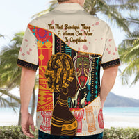 White Hawaiian shirt back with quote banner and Africa women portrait artwork, short sleeves