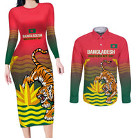 Bangladesh Independence Day Couples Matching Long Sleeve Bodycon Dress and Long Sleeve Button Shirt Royal Bengal Tiger With Coat Of Arms - Wonder Print Shop