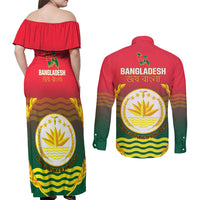 Bangladesh Independence Day Couples Matching Off Shoulder Maxi Dress and Long Sleeve Button Shirt Royal Bengal Tiger With Coat Of Arms - Wonder Print Shop