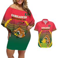 Bangladesh Independence Day Couples Matching Off Shoulder Short Dress and Hawaiian Shirt Royal Bengal Tiger With Coat Of Arms - Wonder Print Shop