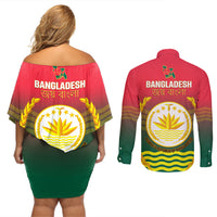 Bangladesh Independence Day Couples Matching Off Shoulder Short Dress and Long Sleeve Button Shirt Royal Bengal Tiger With Coat Of Arms - Wonder Print Shop